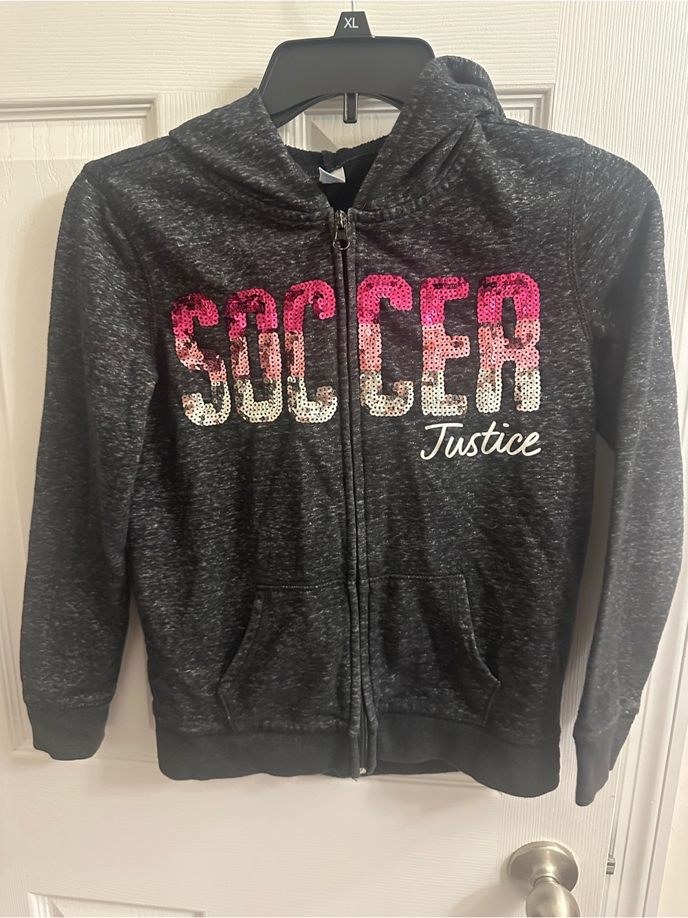Justice Soccer Girls Size 8/10 Long Sleeve Full Zip Hooded Gray Sequin